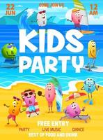 Kids party flyer, cartoon vitamin characters vector