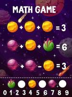 Math quiz worksheet with cartoon space planet vector