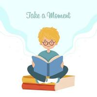 A cute boy with a book sits on books and dreams. Cartoon illustration, kids print, vector
