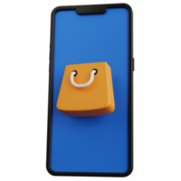 3d rendering yellow shopping bag with smartphone isolated png