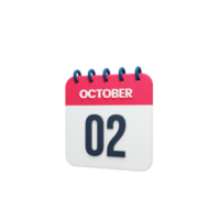 ícone de calendário realista de outubro 3d renderizado 02 de outubro png