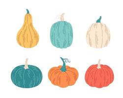 Pumpkins of different colors and shapes. Hello autumn, autumn harvest. vector