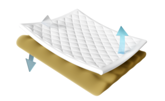 Colchón de material de hoja en capas 3d con esponja suave, tela, goma, flecha aislada. resumen mínimo, ilustración de renderizado 3d png