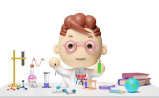 Raum innovatives Bildungskonzept, 3D-Miniatur-Cartoon-Junge-Charakter-Handgriff-Reagenzglas mit wissenschaftlichem Experimentierkit, Schreibtisch im Labor isoliert. 3D-Darstellung png