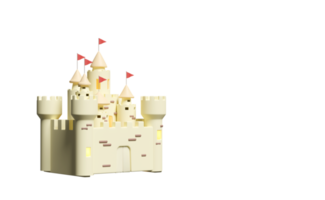 concept de vacances d'été, château de sable 3d avec tours, fort, portes et drapeaux isolés. illustration de rendu 3d png