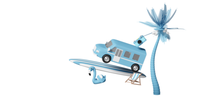 blauw auto busje met strand stoel, flamingo, bal, kokosnoot palm boom, surfplank, paraplu, camera geïsoleerd. 3d zomer reizen concept, 3d geven illustratie