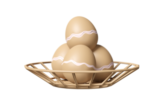 huevos frescos 3d en una cesta de mimbre aislada. ilustración de procesamiento 3d png