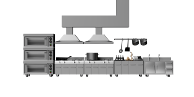 Cocina de restaurante 3d. cocina industrial moderna con concepto de equipo, ilustración de renderizado 3d png