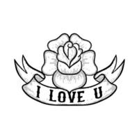 I love u with rose flower Illustration hand drawn cartoon sketch lineart vintage style vector