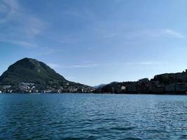 LUGANO, SWITZERLAND - JUNE 23 2019 - Lugano view cityscape from the lake full of people photo