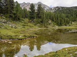 fanes lake dolomites mountains panorama in summer photo