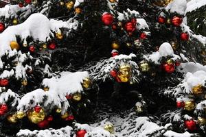 christmas Xmas Tree Ball detail close up under the snow photo