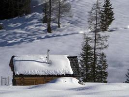 dolomites snow panorama wooden hut val badia armentara photo