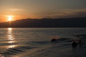 Dolphin silhouette while jumping in the sea at sunset photo
