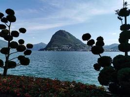 LUGANO, SWITZERLAND - JUNE 23 2019 - Lugano view cityscape from the lake full of people photo