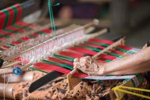 woman hand working at loom close up photo