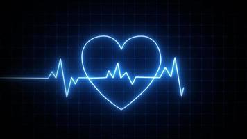 Animación de bucle de fondo médico de ecg de latido cardíaco, fondo de ecg de ritmo cardíaco, cardiograma en forma de corazón ecg brillante de neón de pulso cardíaco. fondo de movimiento de ritmo de latido de corazón de neón. latido del corazón pulso neón
