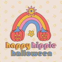 Happy hippie halloween - 70s Retro Groovy Halloween card design, typography banner for holiday poster. rainbow with pumpkins ant font text. t-shirt vector illustration.