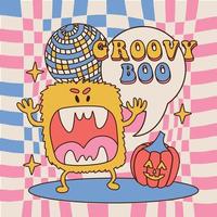 groovy boo - póster cuadrado de estilo hippie de los años 70 para la fiesta de halloween. el monstruo peludo gruñe en la discoteca con una bola de espejos. ilustración vectorial dibujada a mano sobre un fondo a cuadros de fusión. vector