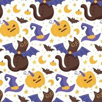 Seamless pattern with cartoon black cats with bat wings, witch hat and angree pumpkin isolated on white background. Vector hand drawn illustration.