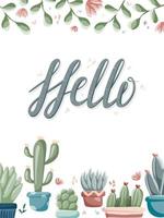 Vector postcard or gift card template with cute cactuses and succulents in pots, twigs with leaves and hand lettering hello.