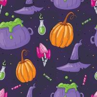 Vector seamless cartoon Halloween pattern with pumpkins, magic mushrooms, wide-brimmed hat and cauldron with potion. Collection of doodle elements.