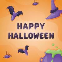 Bright vector holiday banner with the inscription Happy Halloween. Background with cauldron with potion, bats and spiders.