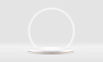 White realistic 3d cylinder pedestal podium with circle rounded neon light backdrop. Abstract vector rendering geometric platform. Product display presentation. Minimal scene.