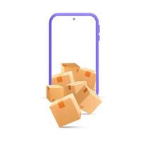 3d vector falling out paper package boxes from smartphone screen design illustration