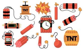 Cartoon set of dynamite and tnt explosives with timer and fuse. Collection of fire bomb and dangerous weapons to destroy. Game icons for destruction and dangerous burning objects vector illustration