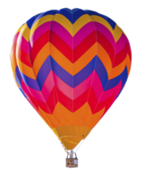 realistisch oranje en blauw kleurrijk heet lucht ballon met chevron kleding stof patroon in vlucht geïsoleerd PNG voor gemakkelijk compositing