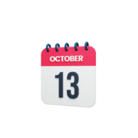 ícone de calendário realista de outubro ilustração 3d 13 de outubro png