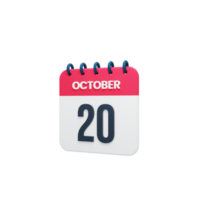 icono de calendario realista de octubre ilustración 3d 20 de octubre png