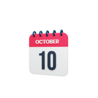 October Realistic Calendar Icon 3D Illustration October 10 png