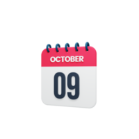 icono de calendario realista de octubre ilustración 3d 09 de octubre png