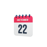 icono de calendario realista de octubre ilustración 3d 22 de octubre png