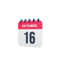icono de calendario realista de octubre ilustración 3d 16 de octubre png