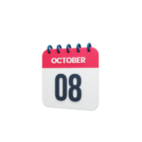 icono de calendario realista de octubre ilustración 3d 08 de octubre png