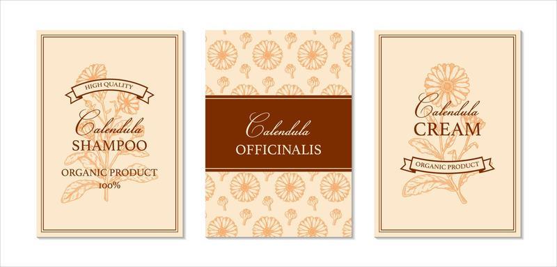 Set of calendula packaging design with hand drawn elements. Vector illustration in sketch style