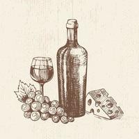 Hand drawn bottle of wine with a glass, bunch of grapes and piece of cheese. Vector sketch, organic food illustration