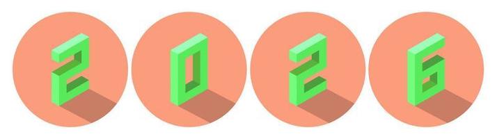 New Year green color 2026 in light salmon color circle design. Isometric style. vector