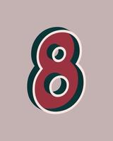 Vector number 8 with 3D effect in retro style. Well red and Deep Teal colors