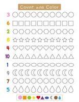 Count and color worksheet for kids.  Numbers 1 to 10. Counting practice for toddler and preschool educational. Educational game for children vector