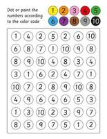 Educational game for kids. Dot or paint the numbers by color code.  Worksheet for toddlers and preschool. Fine motor skills activity. Number recognition vector