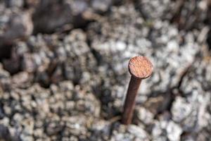 Rusted iron spike on wood macro close up detail photo