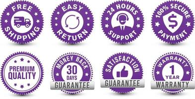 Money back, warranty, 24 hour support, etc. different type of online ecommerce security purple badges isolated on white background. vector