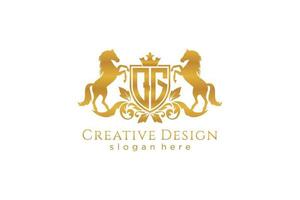 initial QG Retro golden crest with shield and two horses, badge template with scrolls and royal crown - perfect for luxurious branding projects vector