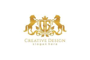 initial QG Retro golden crest with shield and two horses, badge template with scrolls and royal crown - perfect for luxurious branding projects vector