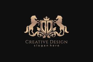 initial QO Retro golden crest with shield and two horses, badge template with scrolls and royal crown - perfect for luxurious branding projects vector