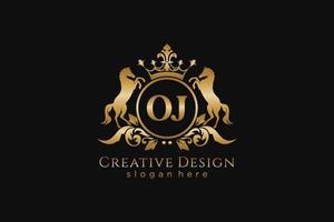 initial OJ Retro golden crest with circle and two horses, badge template with scrolls and royal crown - perfect for luxurious branding projects vector